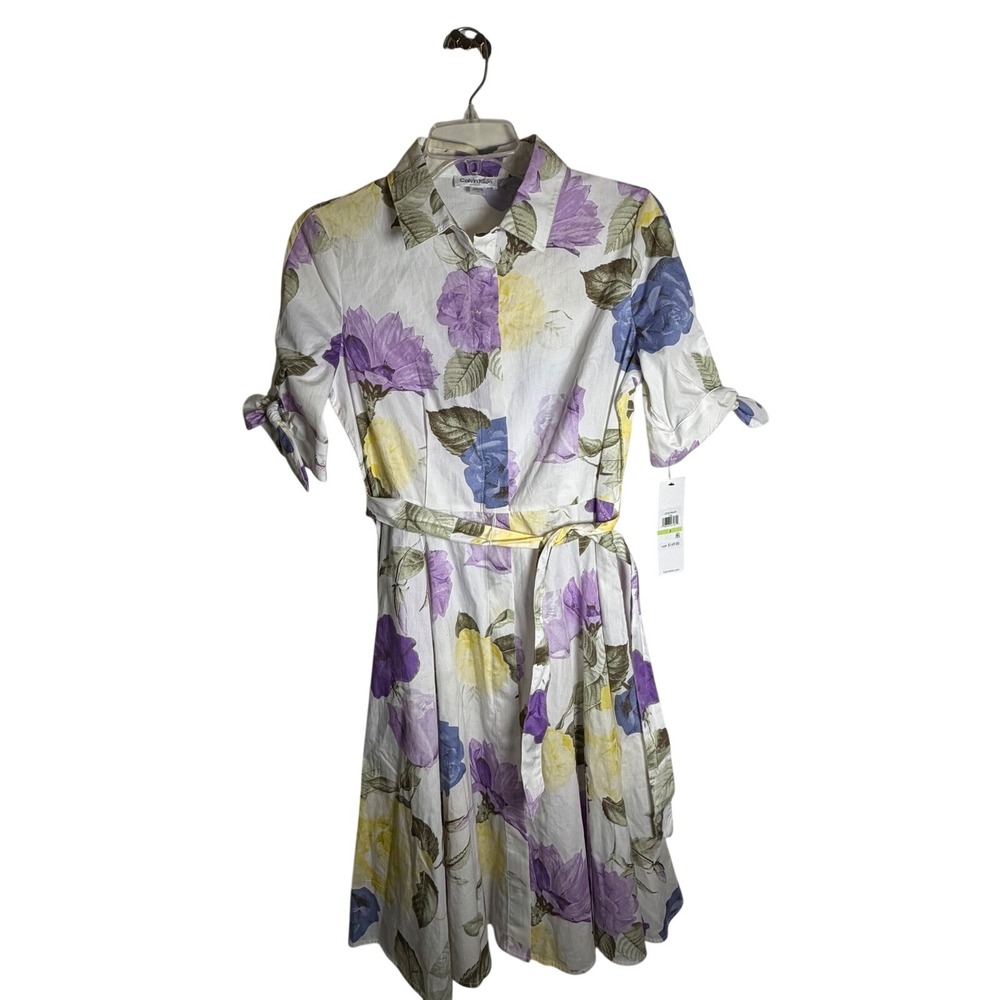 NWT‎ Calvin Klein Womens Floral Cotton Shirt Dress  Purple Yellow Blue Size 4